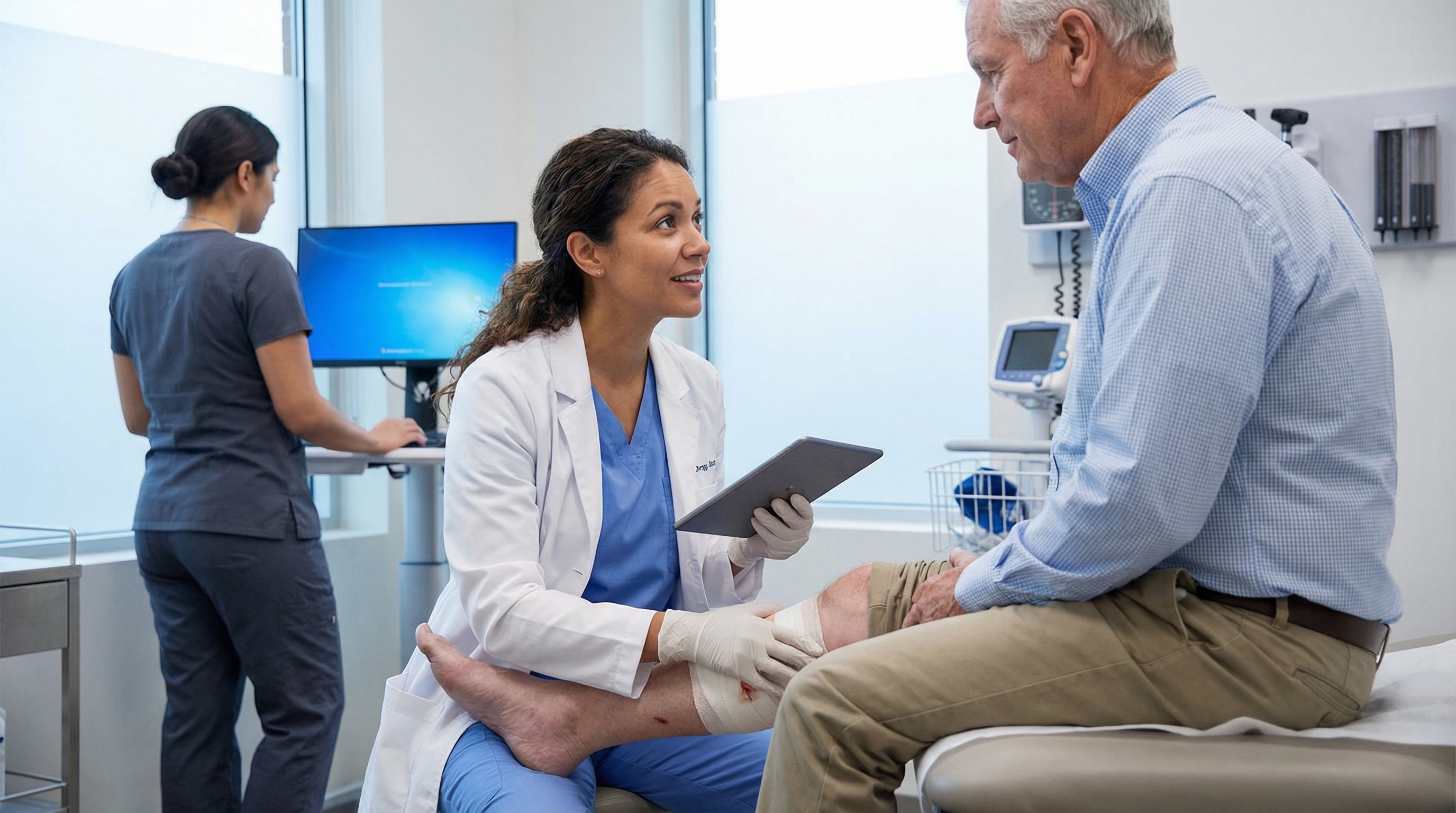 Primary care physician examining wound
